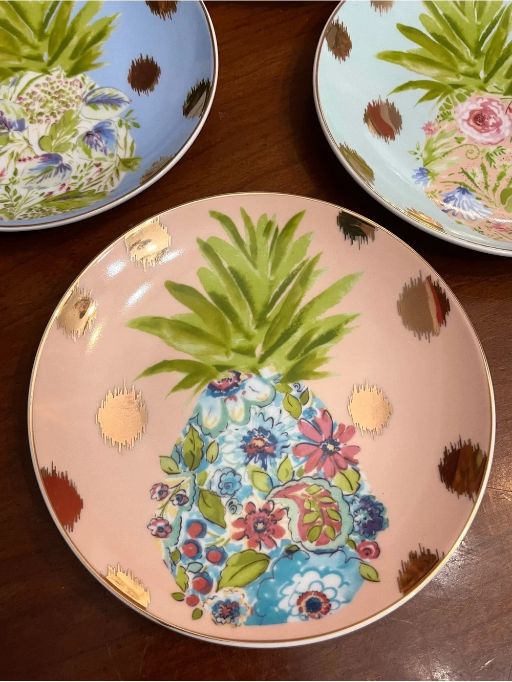 VTG Pier 1 Imports Pineapple Appetizer Plates Pastel Gold Polka Dot Set of 4